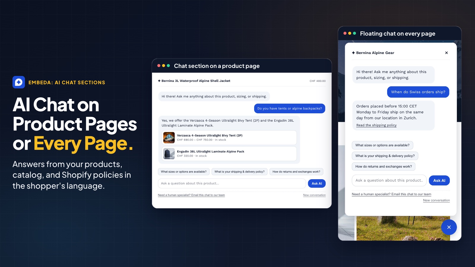 Sezione chat sulla pagina prodotto e chat fluttuante in negozio
