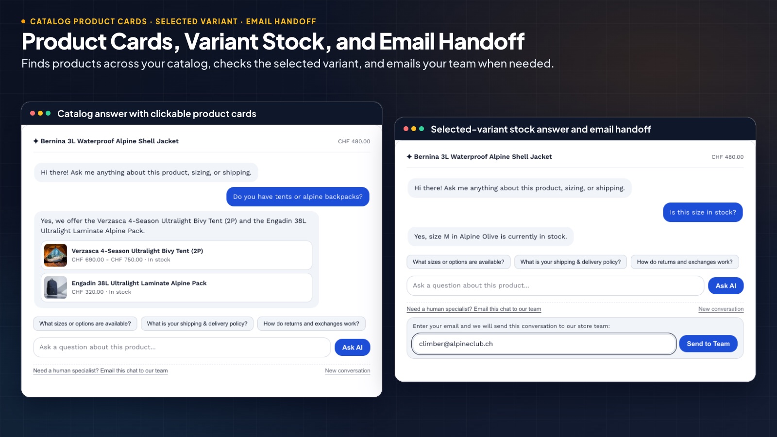Schede prodotto, disponibilità variante e invio via e-mail