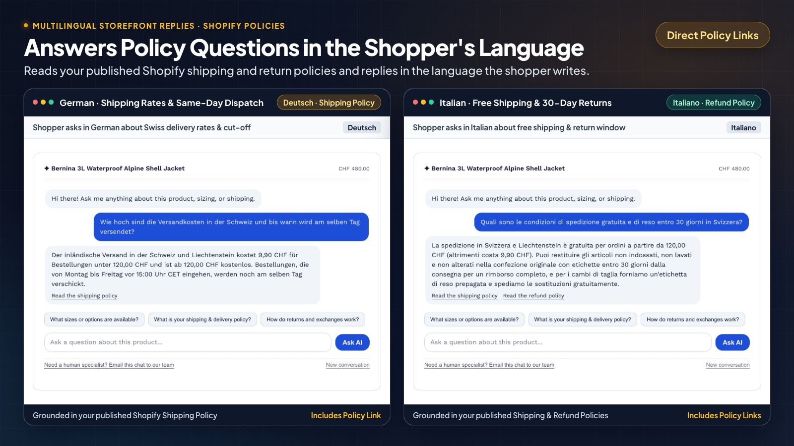 Risposte dalle politiche Shopify in tedesco e in italiano