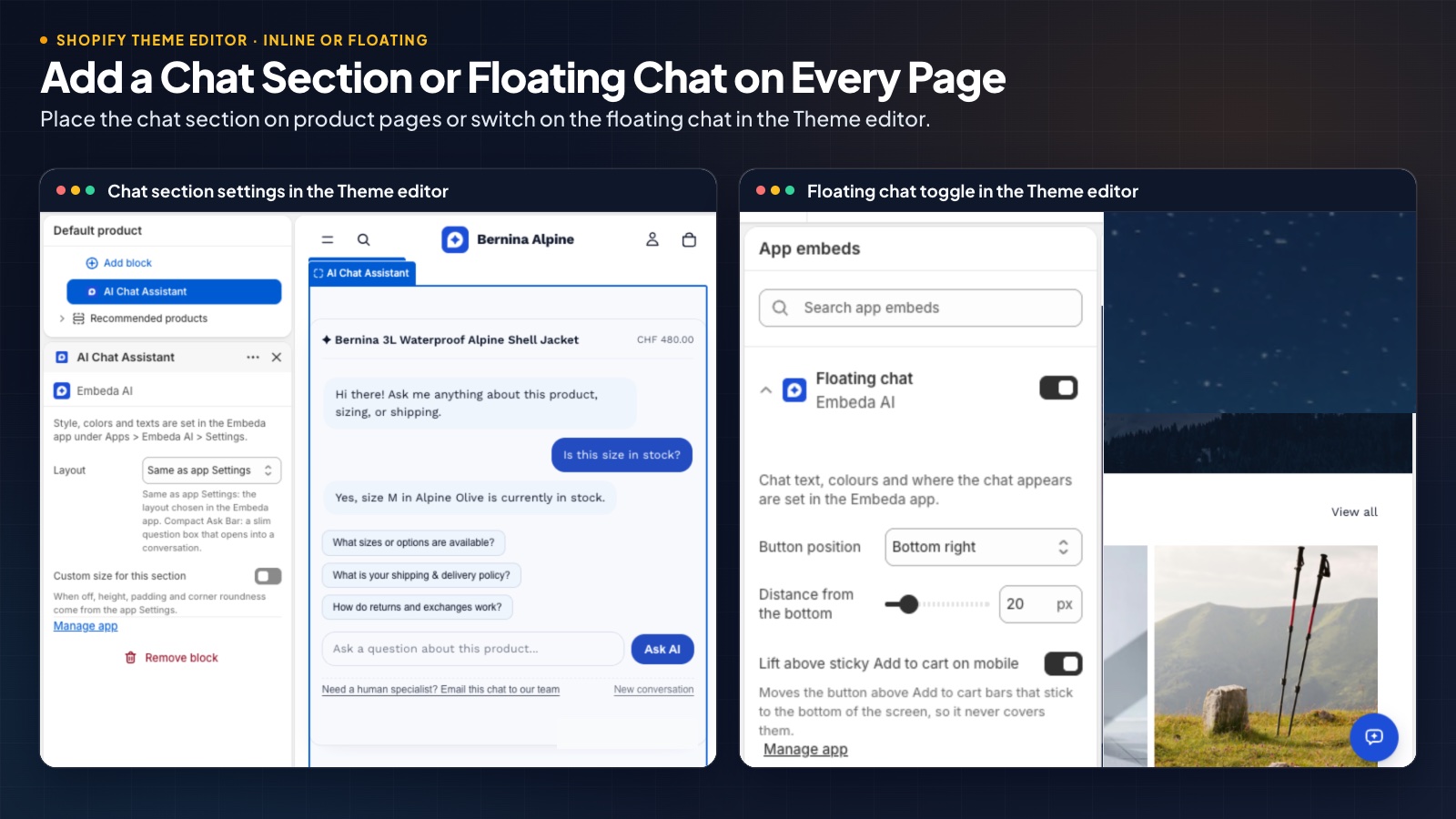 Editor del tema con sezione chat e chat fluttuante integrata