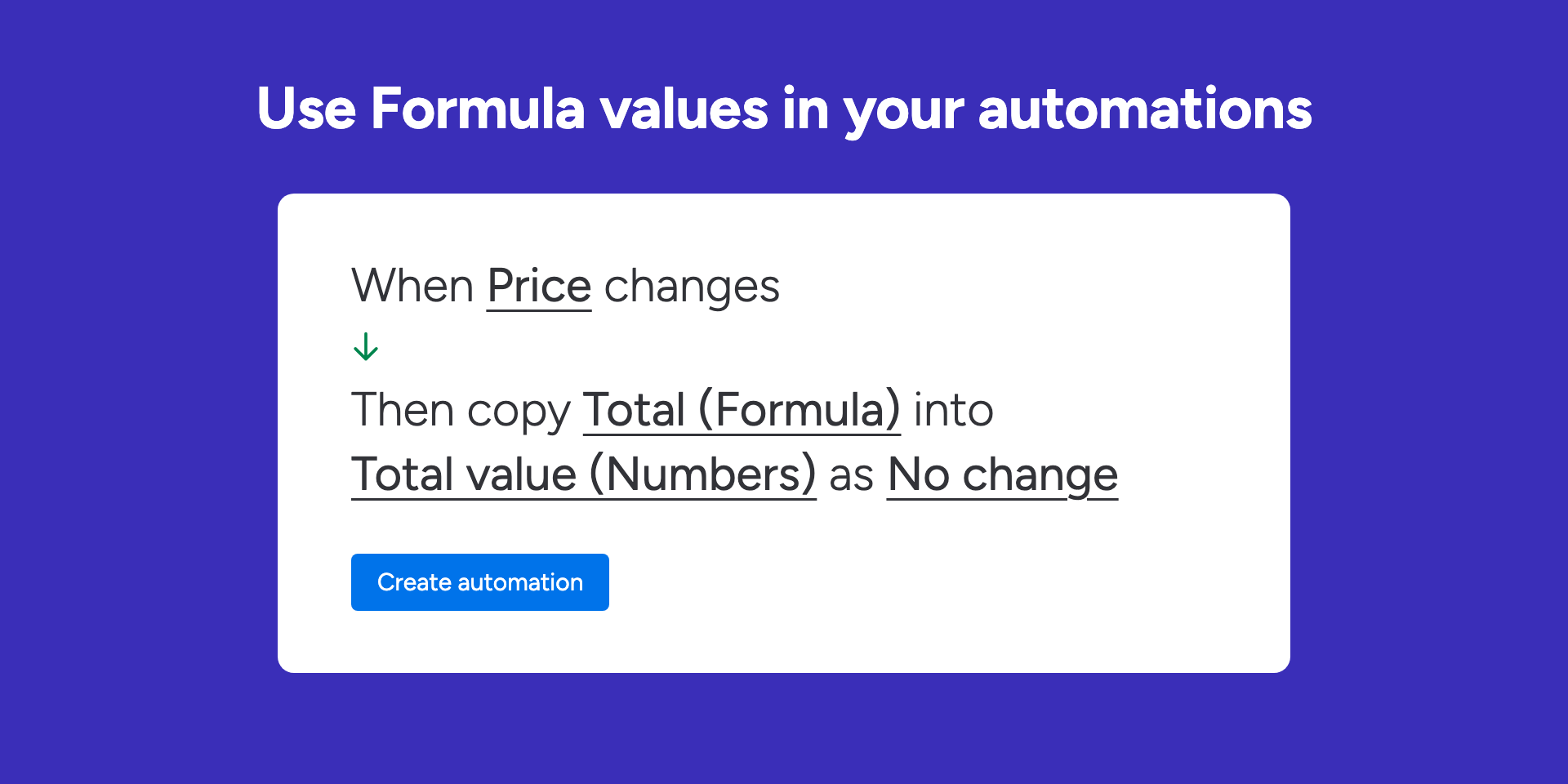 monday.com automation: when Price changes, copy Total (Formula) into Total value (Numbers)