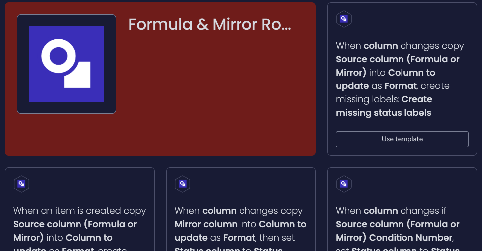 The app's automation templates in monday.com's Automations center, such as When column changes copy Source column (Formula or Mirror) into Column to update