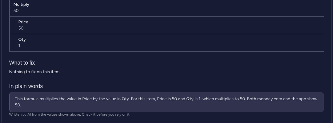 Formula Debugger: the formula breakdown of Price times Qty, What to fix, and an In plain words explanation written by AI