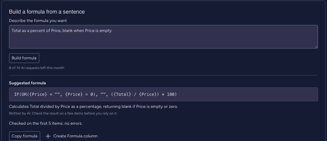 Build a formula from a sentence: the suggested formula, its one-line explanation, Checked on the first 5 items: no errors, Copy formula and Create Formula column