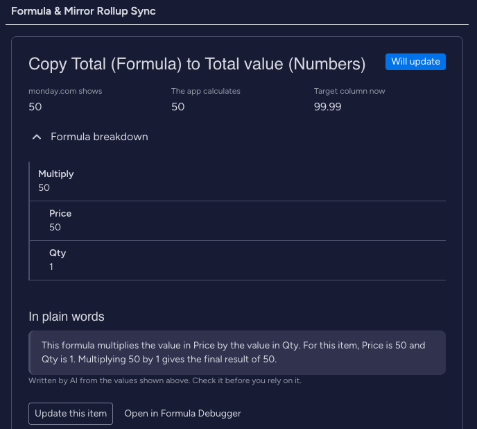 Item View card: Copy Total (Formula) to Total value (Numbers) marked Will update, with the formula breakdown, an In plain words explanation and the Update this item button