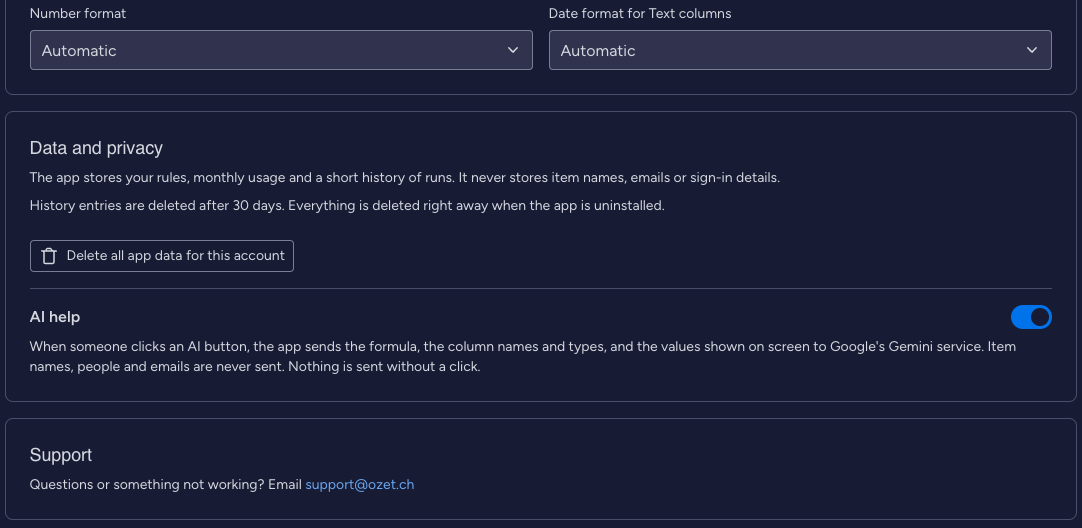 Settings: number and date formats, Data and privacy with Delete all app data for this account, the AI help switch and Support