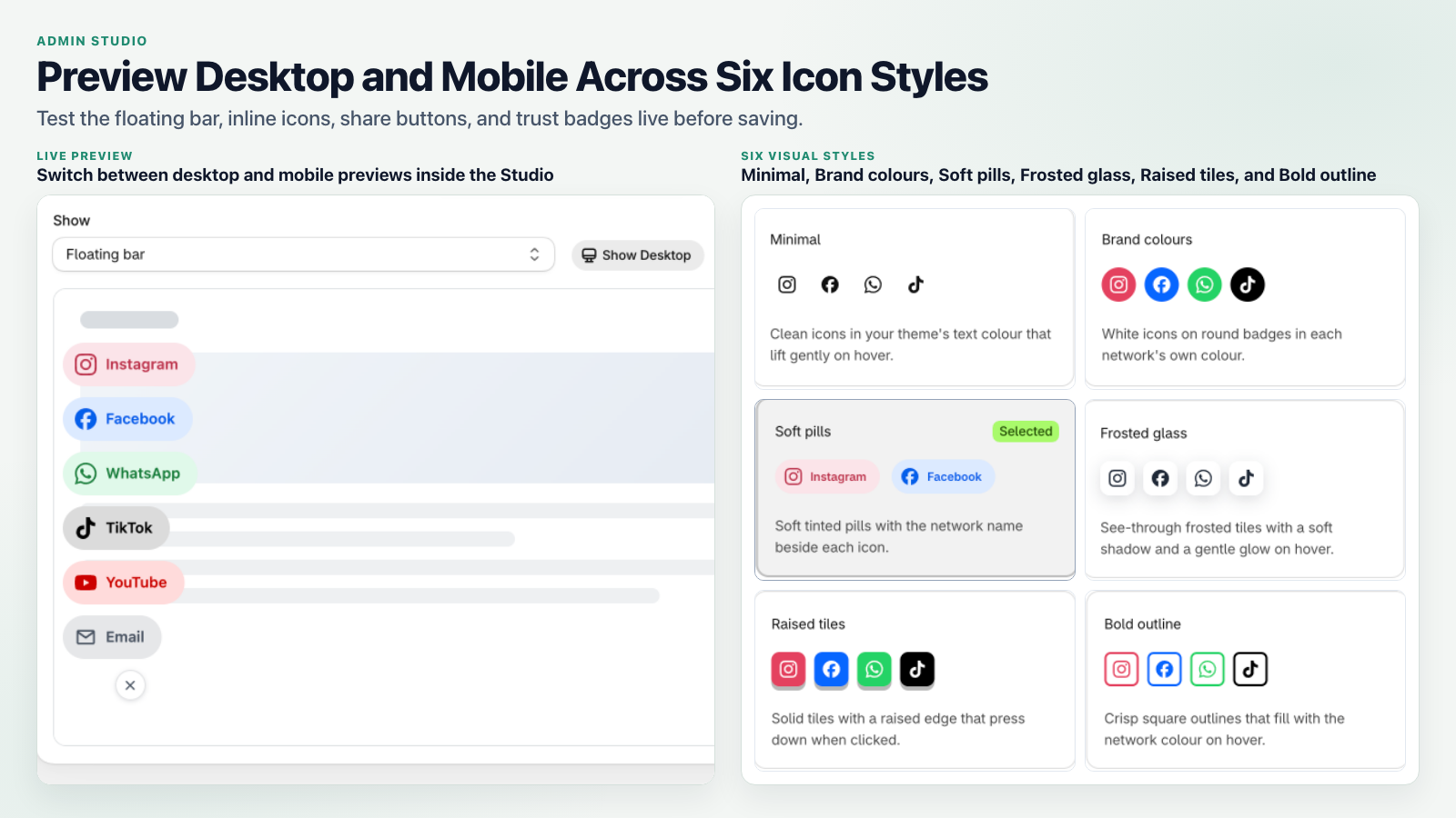 Studio live preview on desktop and mobile with six icon styles
