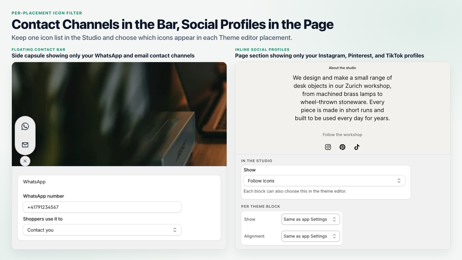 Floating contact bar and inline social profile filter in theme