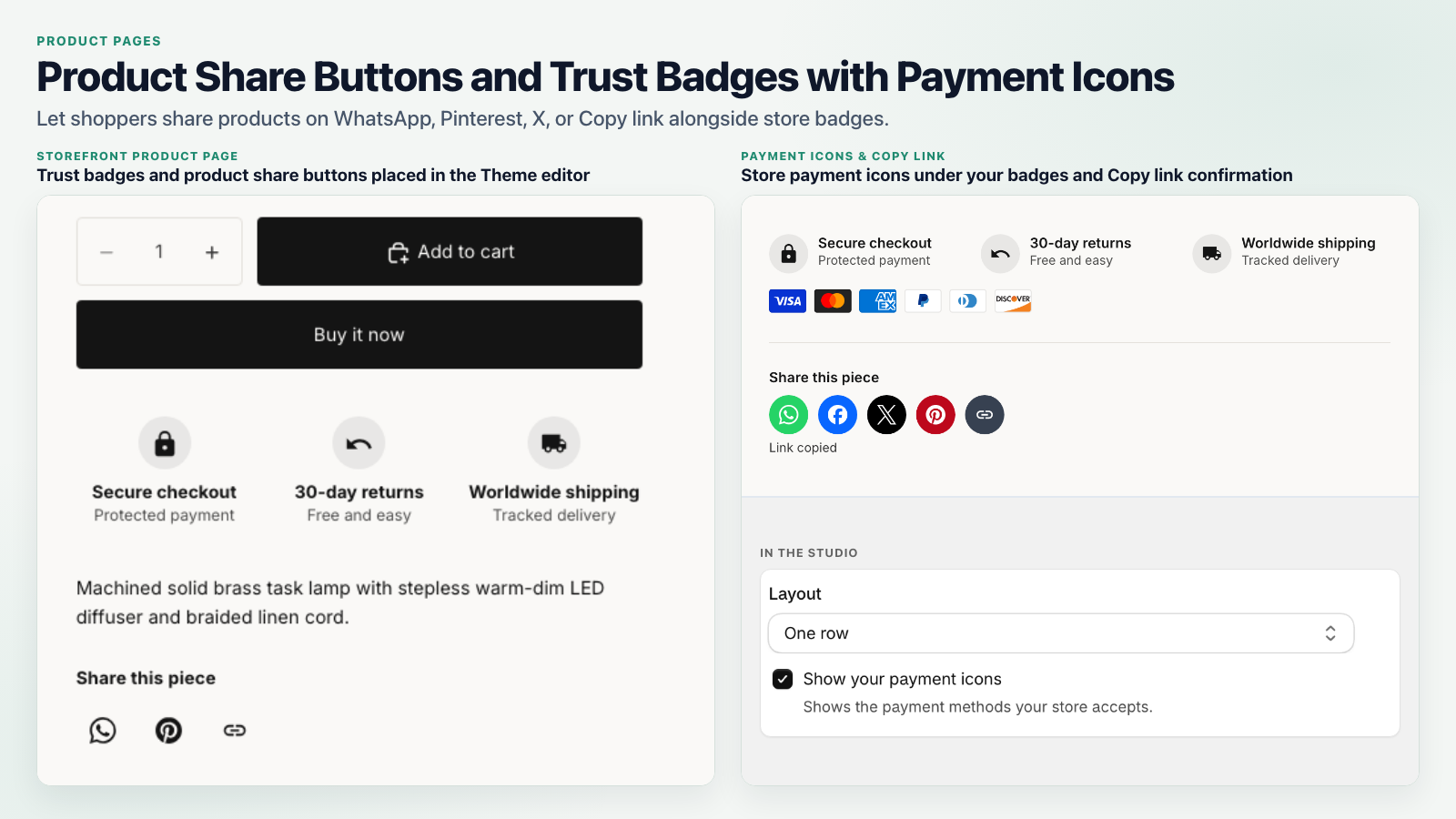 Product page share buttons and trust badges with payment icons