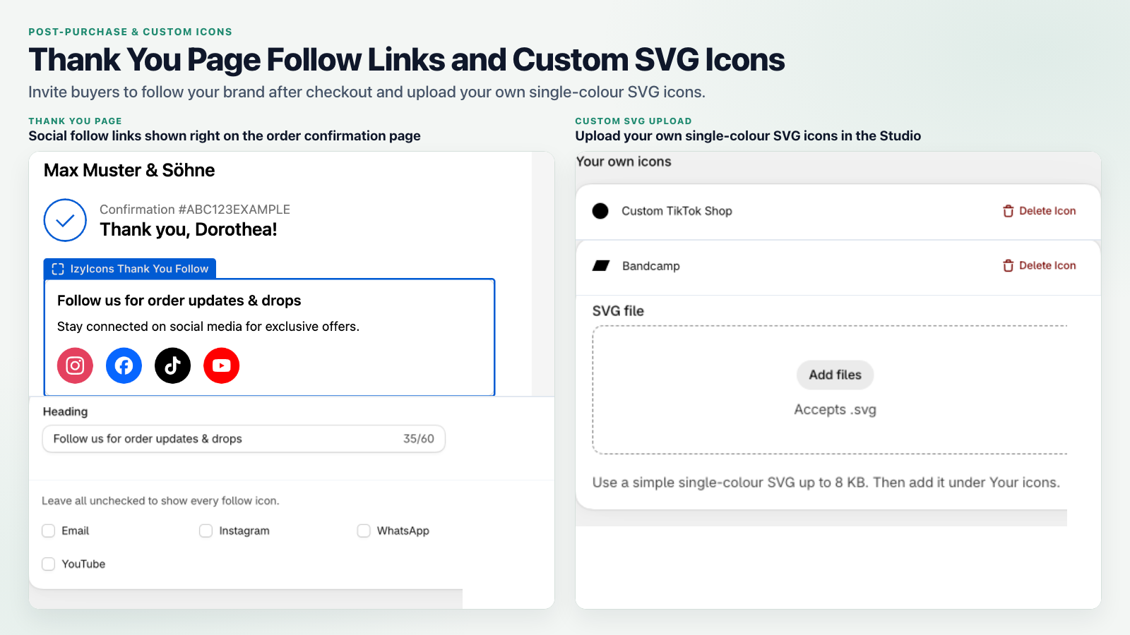 Thank You page follow links after checkout and custom SVG icons
